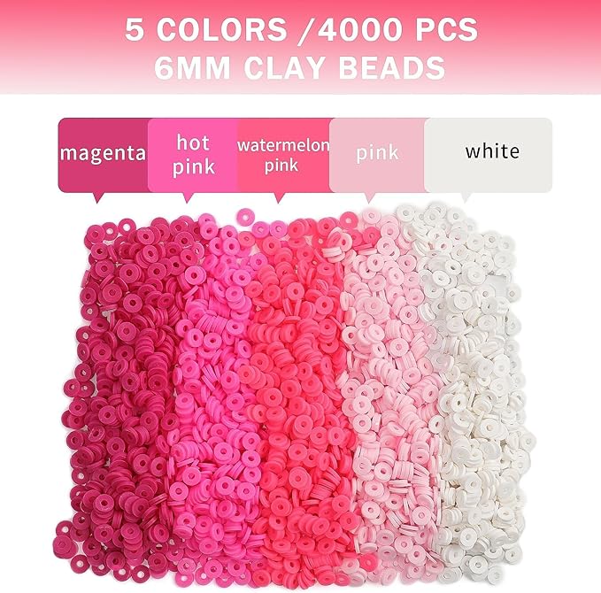 4000pcs Pink Clay Beads for Bracelets Making Kit, 6mm Heishi Polymer Flat Round Disc Clay Beads for Jewelry Making Pink