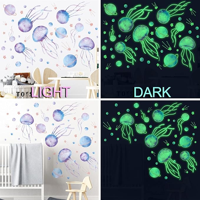 Starry Sky Jellyfish Wall Sticker Glow in The Dark Wall Stickers Stars Fluorescent Green Luminous Wall Decals DIY Peel Stick Art Decor for Walls Ceiling Kids Bedroom Living Room Nursery Girls and Boys(Green)