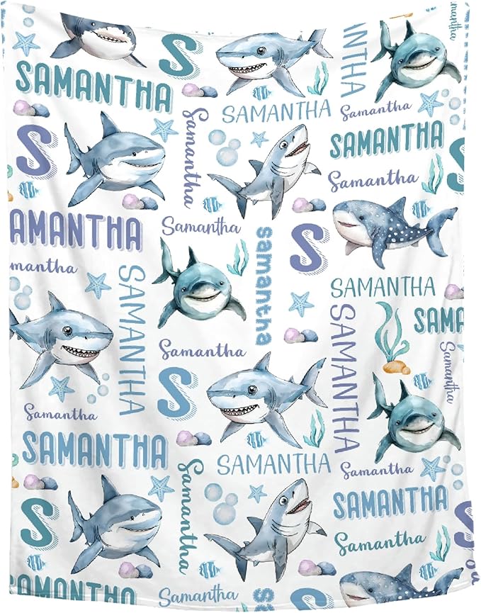 Personalized Baby Blanket for Girls Boys Kids Shark Custom Baby Blanket with Name Throw Birthday Gift for Toddlers Infants Shower Newborns Nursery Stroller Crib Bed Decor