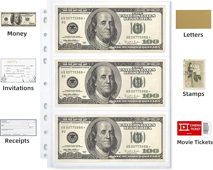 150-Sheets Double-Side 3-Pocket Currency Pages - 11 Holes for Currency Binder, 900 Pockets Paper Money Collection Pages for Dollar Bills, Banknotes and Coupons, Currency Sleeves Collecting Album Pages