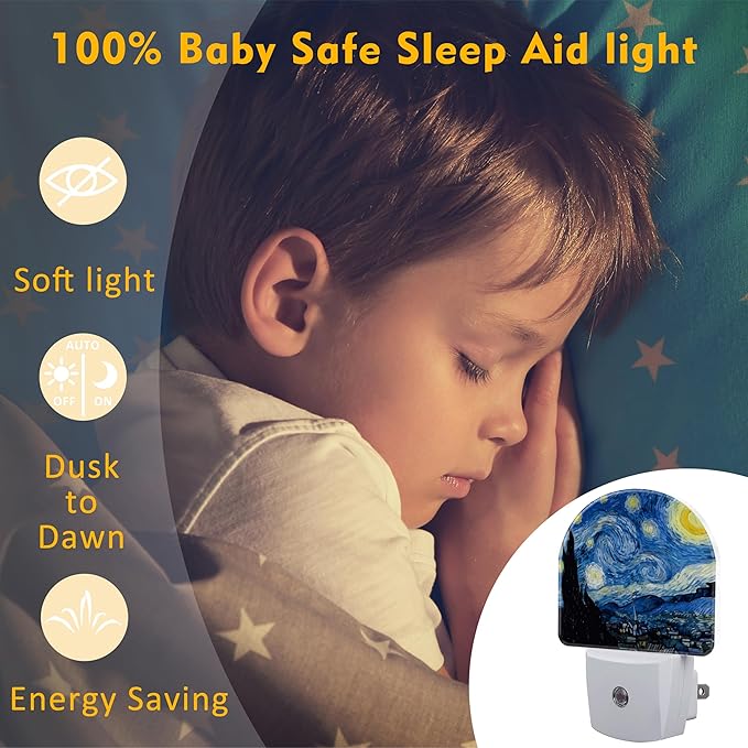 Starry Night Night Light Plug into Wall, Impressionist Oil Painting Dusk to Dawn Night Light Plug in,0.5w Energy Saving Sleep Friendly NightLight for Kids Boys Girls Home Decor