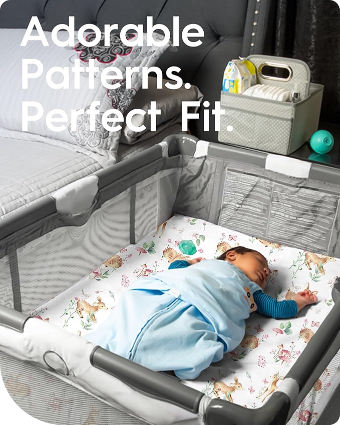 Mini Crib Sheets 24x38, Ultra Soft Pack N Play Sheets Fitted Boy Girl, Neutral Pack and Play Mattress Sheets, Premium Jersey Knit Portable Crib Sheets Hypoallergenic, Forest Bear & Deer