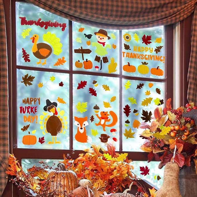 Fall Thanksgiving Window Gel Clings, Happy Thanksgiving Pumpkin Turkey Maple Leaf Scarecrow, School Home Supplies