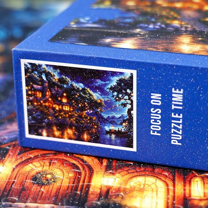 1000 Piece Fantasy Island Sparkling Jigsaw Puzzle for Adults – Dreamy Lakeside Cottage Under Starry Night Sky, Whimsical Fairy Tale Art Puzzle, Relaxing and Challenging Gift for Puzzle Lovers