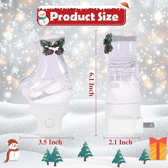 Christmas Night Light Plug into Wall Glitter Water Nightlight with USB/Outlet Options, Christmas Ski Boots Decorative Nightlight for Bedroom Kitchen Nursery Holiday Decorations Gifts (Ski Boots)