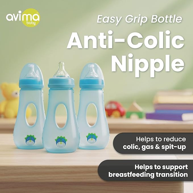 Avima Easy Grip Anti Colic Baby Bottles, BPA Free, 8 oz. Wide Neck w/Medium Flow Silicone Nipples & Bottle Brush Blue Set (Pack of 3)