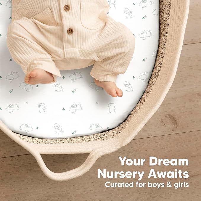 2-Pack Baby Bassinet Sheets Girl, Boy - 33x17 Viscose Derived from Bamboo Bedside Mattress Fitted Bassinet Sheets, Compatible with Halo Bassinest Swivel Sleeper, Baby Delight, Graco (Bunnies)