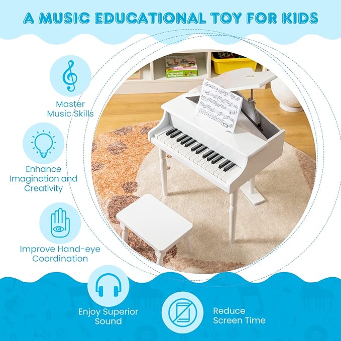 HONEY JOY Classical Kids Piano, 30-Key Mini Grand Piano with Music Stand and Bench, Wooden Musical Instrument Toy w/Lid & Music Rack, Gift for Boys Girls Ages 3+ (3 Straight Leg-White)