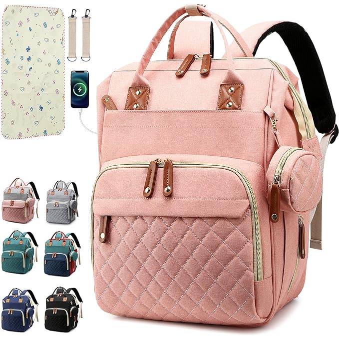 Diaper Bag Backpack Baby Bag, Baby Girl Boy Diaper Bag for Dad Mom with Pad,16 Pockets, Pacifier Case, Large Diaper Bags Unisex for Travel (Orange Pink)