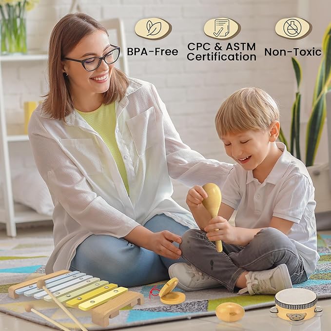 Natural Wood Baby Toys - Musical Toys for Toddlers 1-3: Toddler Musical Instruments Set of 5 in 1, with a Tambourine, Egg Shaker, Castanet, Maracas and Xylophone for Kids at All Ages