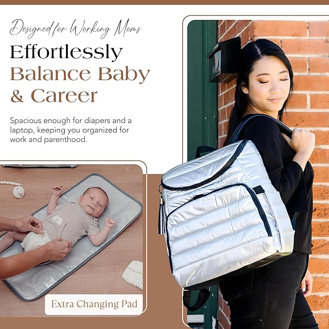 Citi Collective Gallery Diaper Bag Backpack - Casual Day-to-Day Backpack Fits 15" Laptop - Travel Bag with Multiple Compartments, Pockets, Portable Changing Pad, and Shoulder Strap-Silver