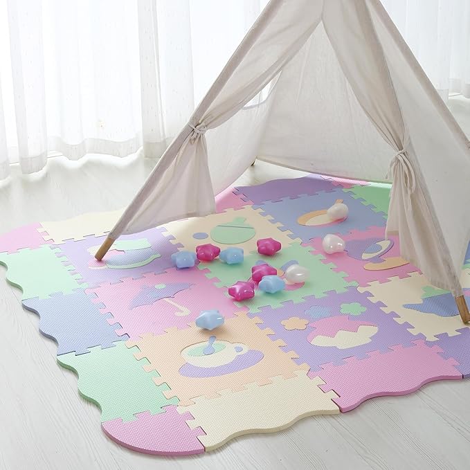 Foam Play Mat for Kids，25Pcs Square Interlocking Puzzle Floor Mat，Baby Play Mat Floor Mat Foam Puzzle Playmat for Toddlers with Fence（Mash Up-CSH023