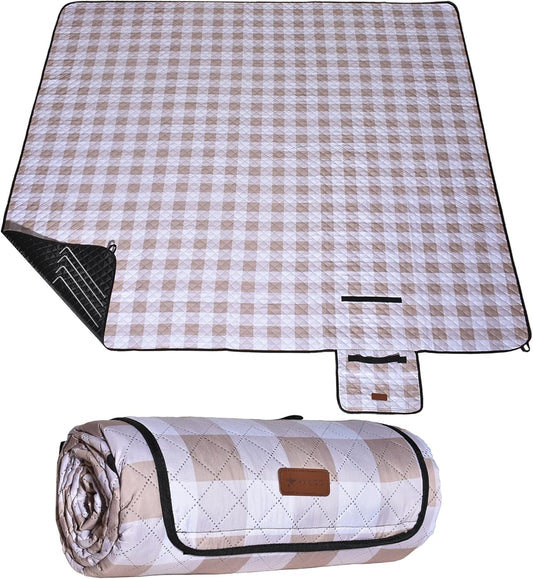 HX&OD Outdoor Picnic Blanket, Extra Large, 80''x80'' Waterproof Foldable Blankets Gingham Picnic Mat for Beach, Camping Grass Lawn Park Accessories Cute Couple Ideas Wedding (Light Brown, 80”x80”)