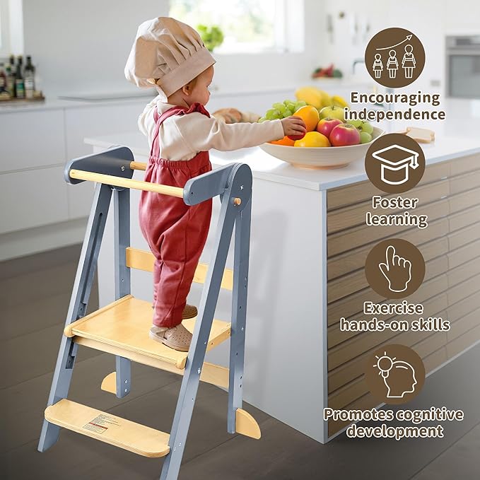 Foldable Toddler Tower Preassembled Kitchen Stool Helper, Folding Tower for Learning with 3 Adjustable Heights Montessori Toddler Standing Tower Kids Collapsible Wooden Step Stool, Light Gray