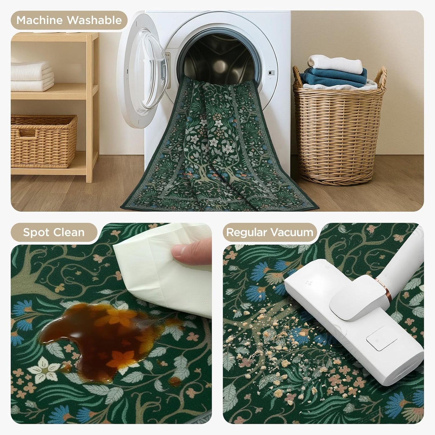 Joydeco Floral 5x7 Area Rugs for Living Room, Boho Dark Green Washable Rug Non Slip, Soft Low-Pile Botanical Forest Indoor Floor Throw Carpet for Office Dining Table Playroom Dorm