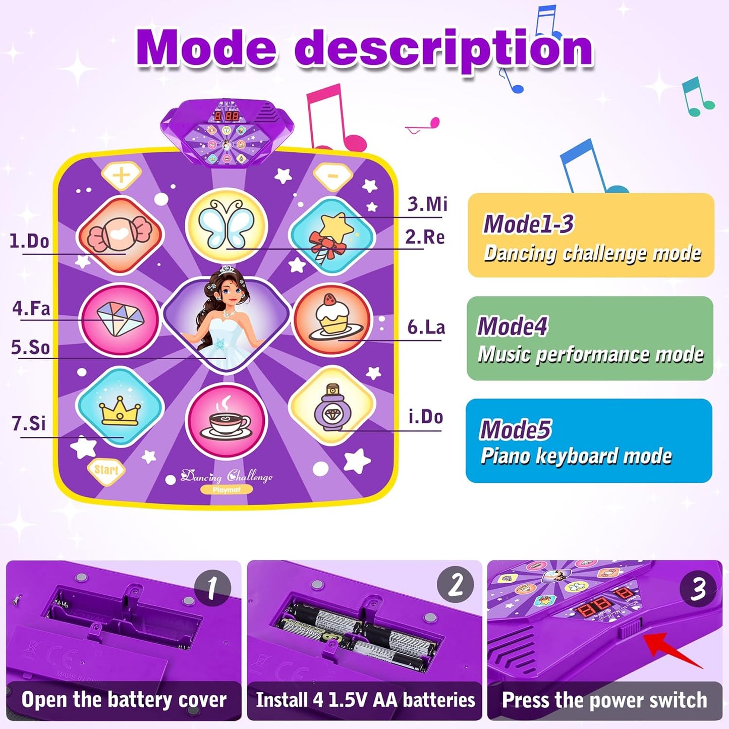 Dance Mat Toys for Kids, Purple Princess Electronic Dance Pad Game with 5 Gaming Modes, Dance Toys with LED Lights, Built-in Music, Ideas Christmas Birthday Gifts for 5+ Year Old Toddler Girls