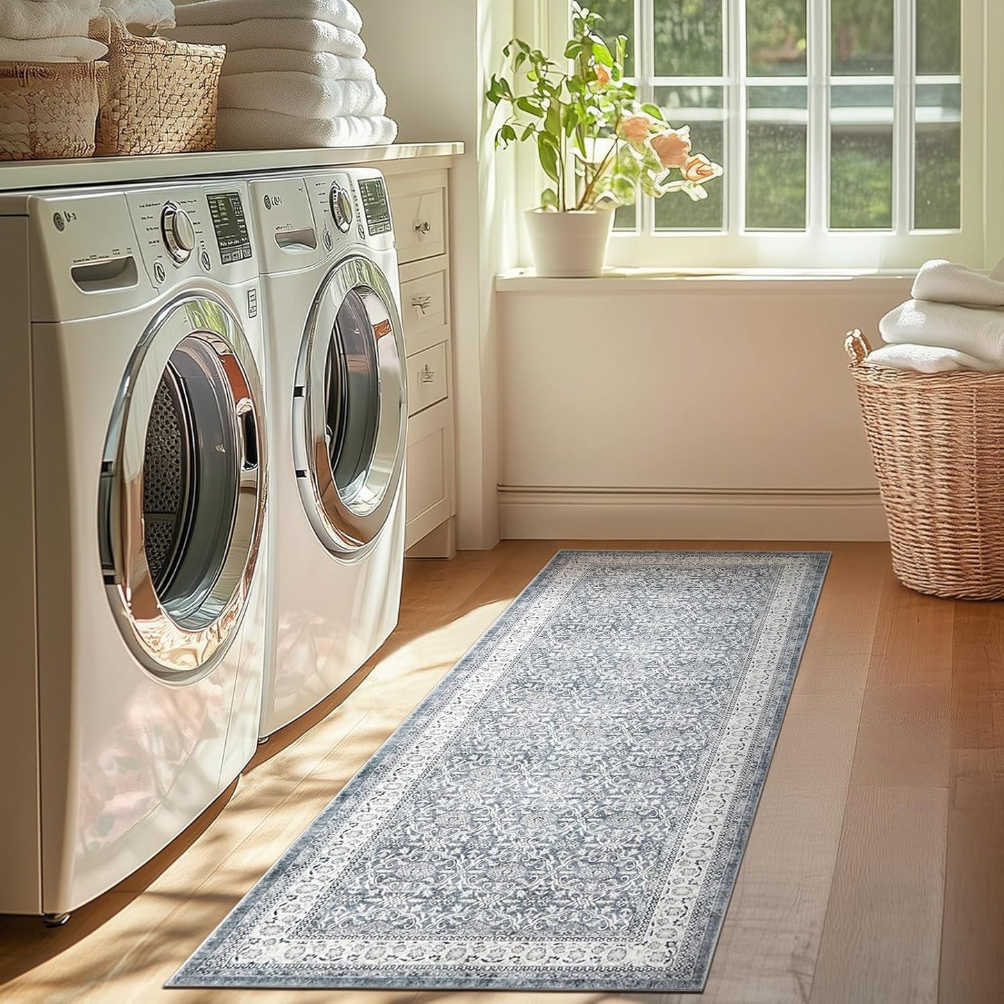 jinchan Runner Rug 2x6 - Machine Washable Grey Vintage Floral Distressed Design Soft Non-Slip Low-Pile Ultra-Thin Runner Rug for Kitchen Hallway Laundry Room Entryway Farmhouse (2‘x6',Grey)