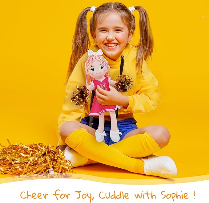 June Garden 14" Snuggle Cuties Cheerleader Sophie - Soft Cuddly Plush Doll Gift for Girls - Huggable Rag Doll - Pink M
