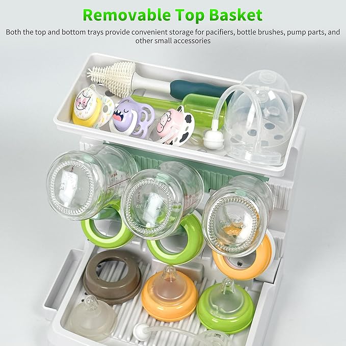 Baby Bottle Drying Rack for 6 Bottles, Vertical Cup Drying Holder, Space Saving Countertop Standing Bottle Dryer Rack for Baby Accessories & Pump Parts（Small White&Green）