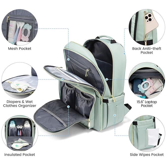 LOVEVOOK Diaper Bag Backpack, Quilted Baby Bag with Changing Pad & Pacifier Holder, Waterproof Travel Diaper Bags for Baby Boys Girls, Stylish and Large Capacity, Mint Green