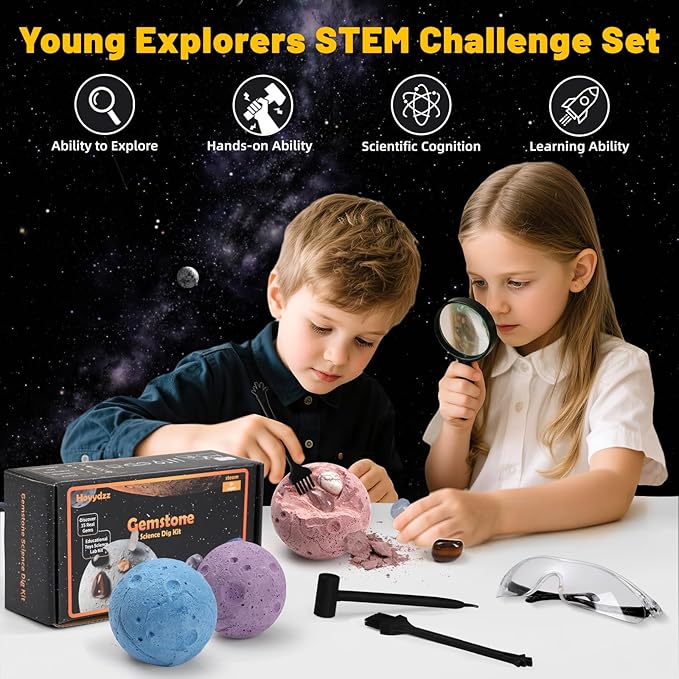 Gemstones Dig Kit, Science Kit for Kids, Dig up 15 Real Gems & Explore Solar System, STEM Educational Mining Space Toys, Archaeology Geology Science Experiments Gift for Boys&Girls Age 6-8-12