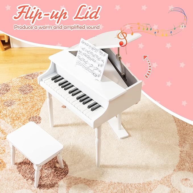Goplus 30-Key Classical Kids Piano, Mini Grand Piano Wooden Learn-to-Play Musical Instrument Toy with Bench, Piano Lid, Music Rack, Gift for Boys Girls Aged 2+ Baby Toddler(3 Straight Leg-White)