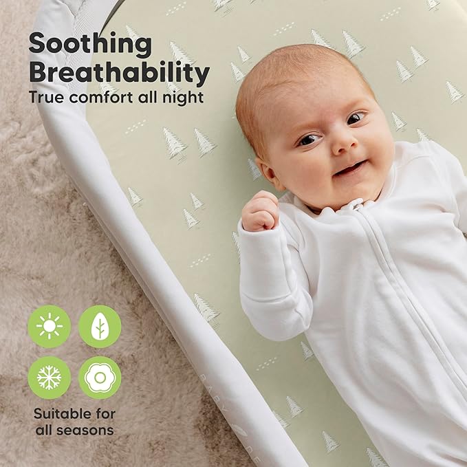 2-Pack Organic Bassinet Sheets for Girls, Boys - 100% Cotton Bassinet Mattress Sheets Compatible with Halo Bassinest Swivel Sleeper, Graco, Baby Delight, Chicco, Fitted Bassinet Sheets (Pine Grove)