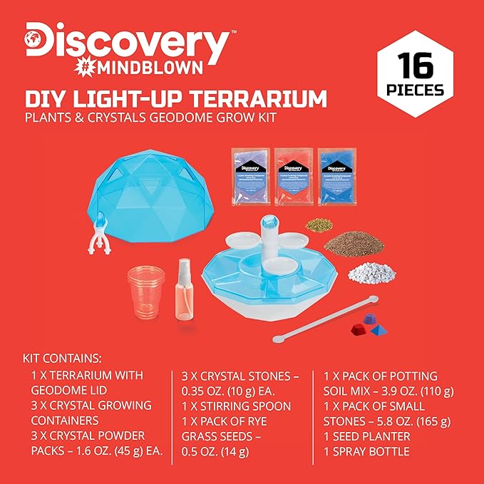 Discovery™ DIY Light-Up LED Terrarium - Plants & Crystals Geodome Grow Kit, 3 Colorful Crystal Formations, Rye Grass, Education STEM Activity Set, Indoor Science Experiment, Chemistry Gift