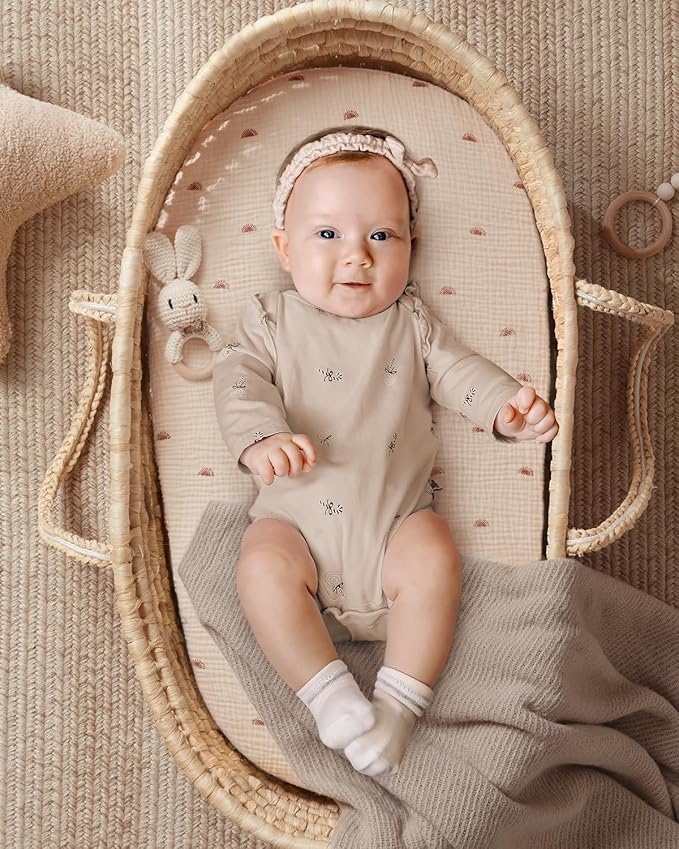 Blissful Diary Muslin Bassinet Sheets for Baby Girls Boys, Boho Soft Cotton Fitted for Oval Hourglass Rectangle Mattress, 2 Pack(Sunshine&Blush Pink)