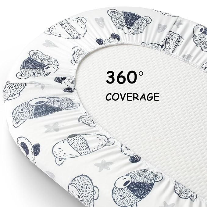 Yoofoss Bassinet Sheets for Baby,3-Pack Fitted Bassinet Sheets Set Compatible with Halo Bassinest Swivel Sleeper,Baby Delight,Angelbliss,Soft Breathable Bassinet Mattress Sheets(Stripes + Panda)