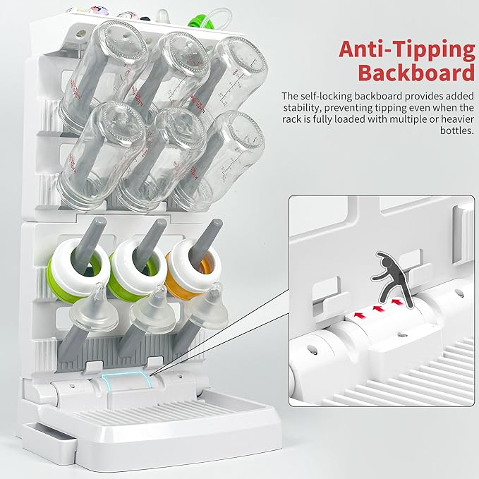 Baby Bottle Drying Rack for 12 Bottles, Space Saving Countertop Vertical Standing Bottle Dryer Rack for Baby Accessories & Pump Parts (Large White&Grey)