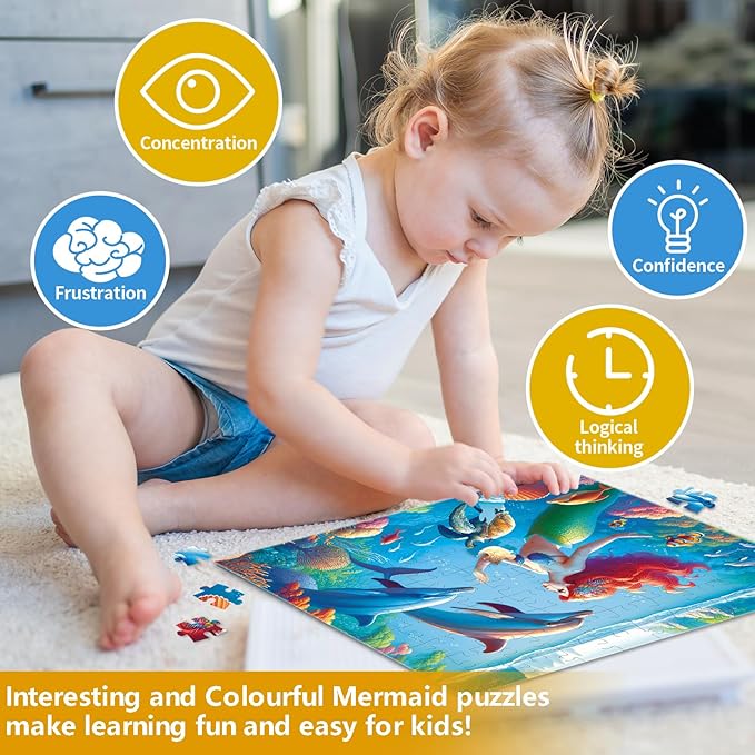 100 Piece Jigsaw Puzzle for Kids Age 4-8 Teens Gift Family Time Undersea Mermaid Princess Puzzles (Blue- Mermaid)