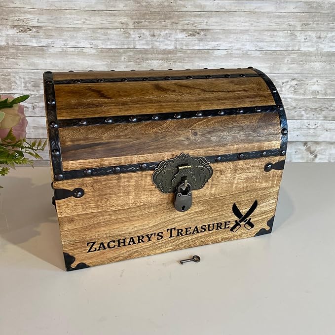 Nautical Cove Personalized Wood Treasure Chest - Pirate Chest with Custom Engraving (Medium 11x8x8) – Decorative Storage Chest, Treasure Box, Wooden Keepsake Box