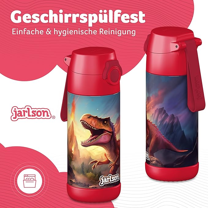 Jarlson® Mali Children's Water Bottle, Thermal Stainless Steel Water Bottle, BPA-Free, Leak-Proof, Children's Bottle with Chug Lid, Bottle for School, Nursery (Dinosaur Red, 12 oz)