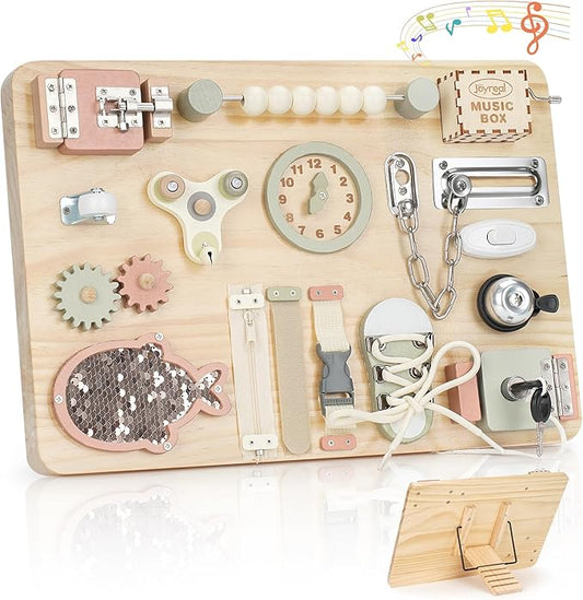 Joyreal Montessori Large Busy Board with Stand, Montessori Sensory Toys for Fine Motor Skills, Wooden Fidget Activity Board for Toddlers, Gifts for Boys Girls (Large Neutral)