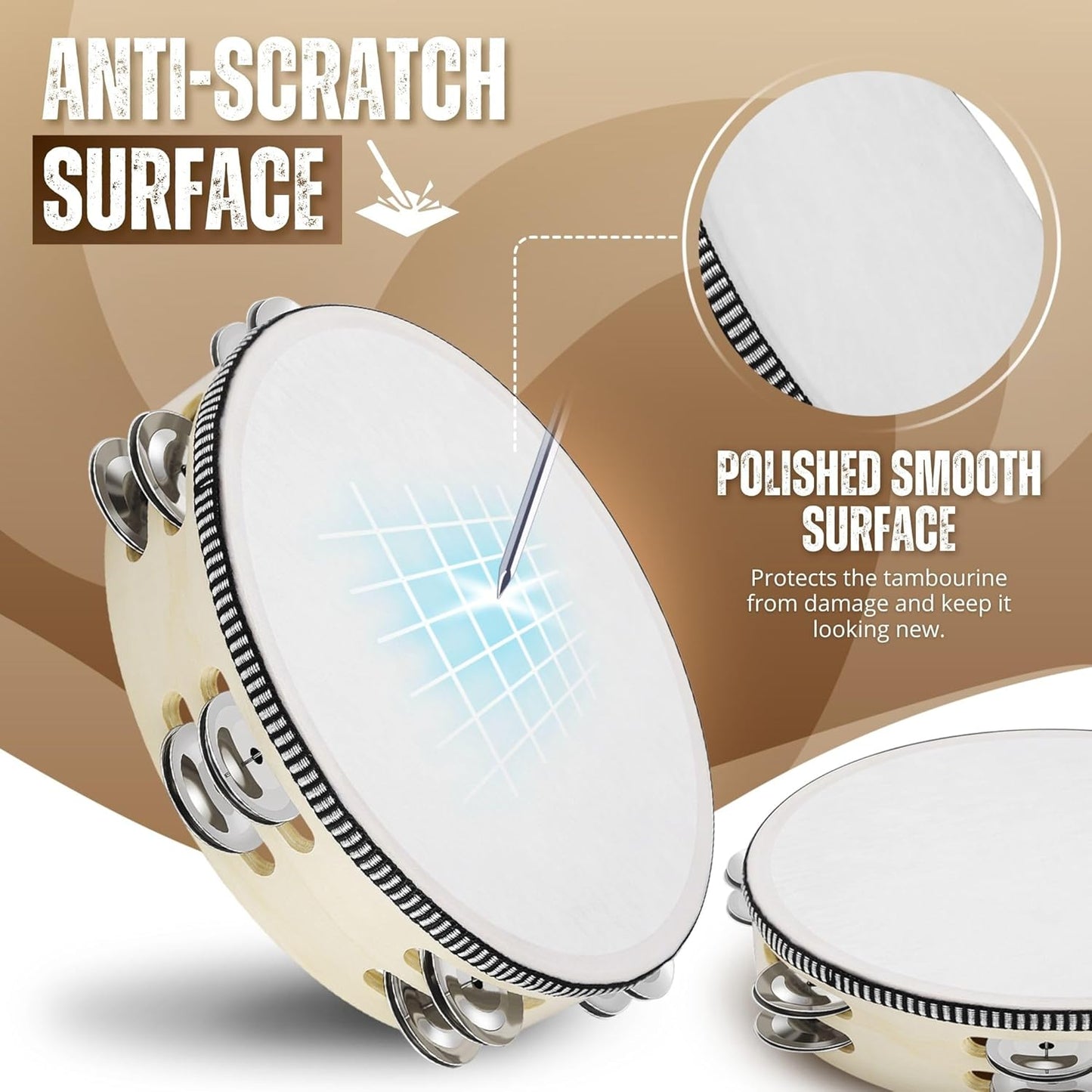 Flexzion Handheld Tambourine - 8 & 6 Inch Set of 2 Pack, Double Row 12 Pair Metal Jingles, Percussion Drum Moon Musical Educational Instrument for Adults Classroom Gift Party (Wood)