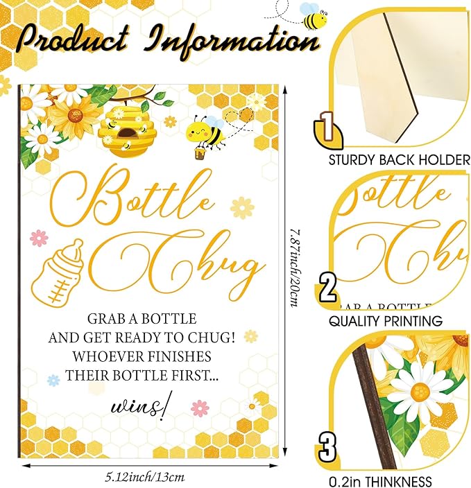 TrelaCo Cool Baby Shower Games Wooden Bottle Chug Sign Bee Theme Gift Sets and 12 Pcs Baby Bottle Shower Favor for Honeycomb Bee Games Gender Reveal