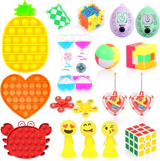 Fidget Toys Set with 3PCS Push Pop Bubble Sensory Toys, 18 Pack Stress Relief and Anti-Anxiety Toys for Kids Adults ADHD ADD Anxiety Autism with Puzzle Balls, Liquid Motion Timer, Guessing Egg Toys