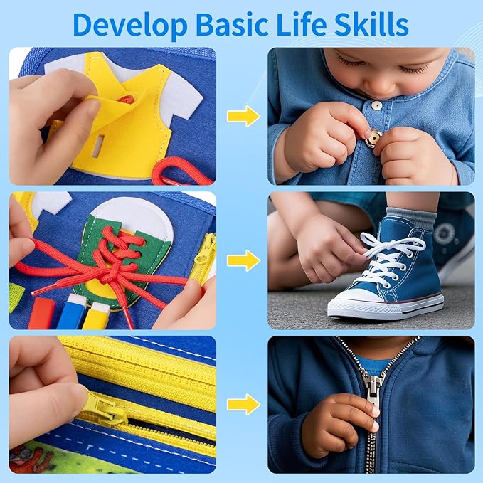 12-Page Toddler Busy Board Montessori Toys, Busy Book for Toddlers, Boy Girl Birthday Gift,Toddler, 24 in 1 Activity Sensory Toys for Motor Skills, Travel Toy for Car Airplane (Blue)