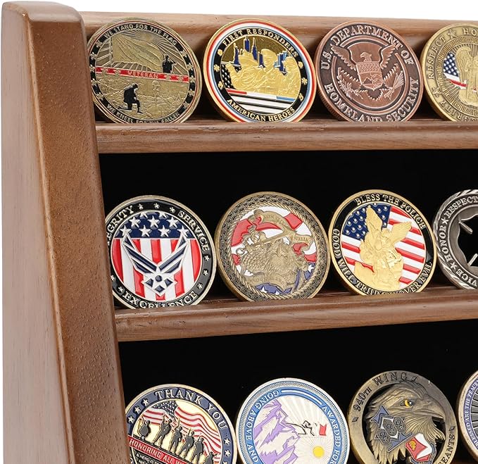 3 Rows Solid Wood Military Challenge Coin Holder Display - Holds 21-24 Coins, Army Coin Rack Display Case Stand for Wall Mount or Tabletop, Walnut
