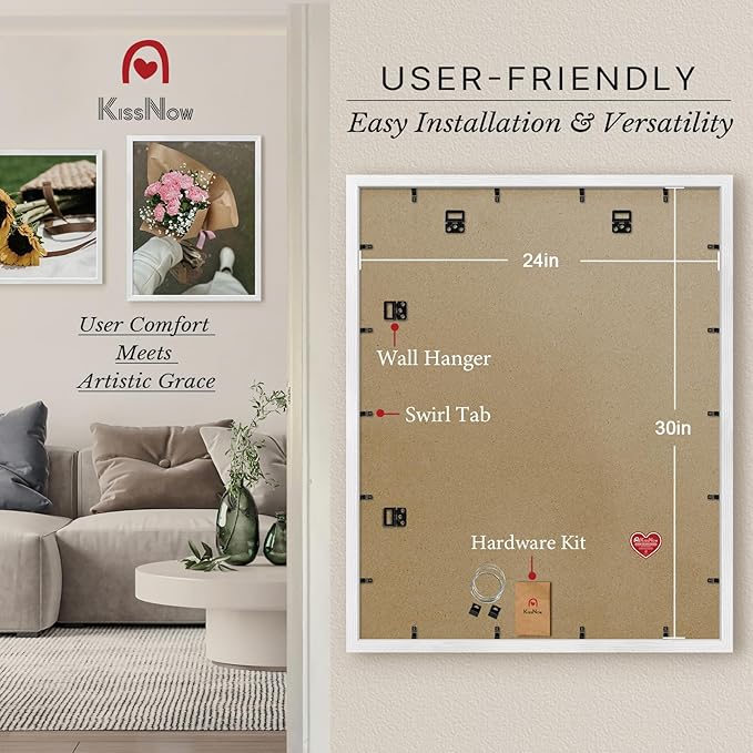 24x30 Poster Frame 2 Pack, White Solid Wood, Wall Gallery Picture Frame