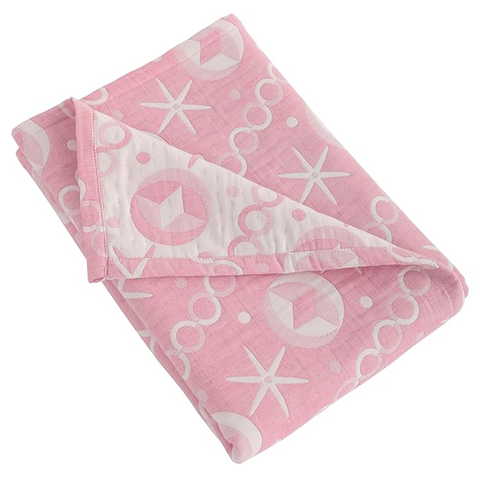 NTBAY 3 Layer Oversized Muslin Cotton Toddler Blanket, 45x60 Inches Jacquard Reversible Nursery Bed Blanket, Super Soft and Thermal Crib Blanket for All Seasons, Baby Gift, 45"x60", Pink Starfish