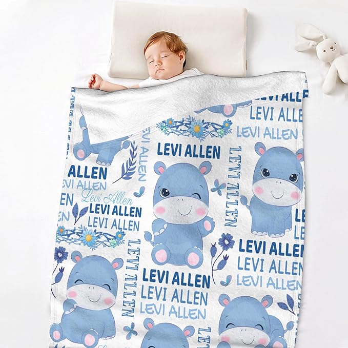 Personalized Baby Blanket for Girls Boys Kids Hippo Custom Baby Blanket with Name Throw Birthday Gift for Toddlers Infants Shower Newborns Nursery Stroller Crib Bed Decor