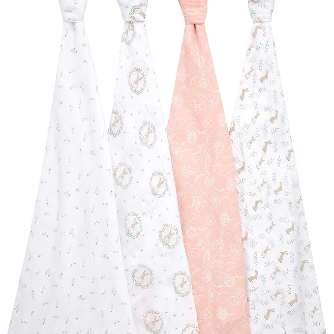 aden + anais Essentials Muslin Swaddle Blankets for Baby Girls and Boys, Newborn Receiving Blanket for Swaddling, 100% Cotton Baby Swaddle Wrap, 4 Pack, Blushing Bunnies