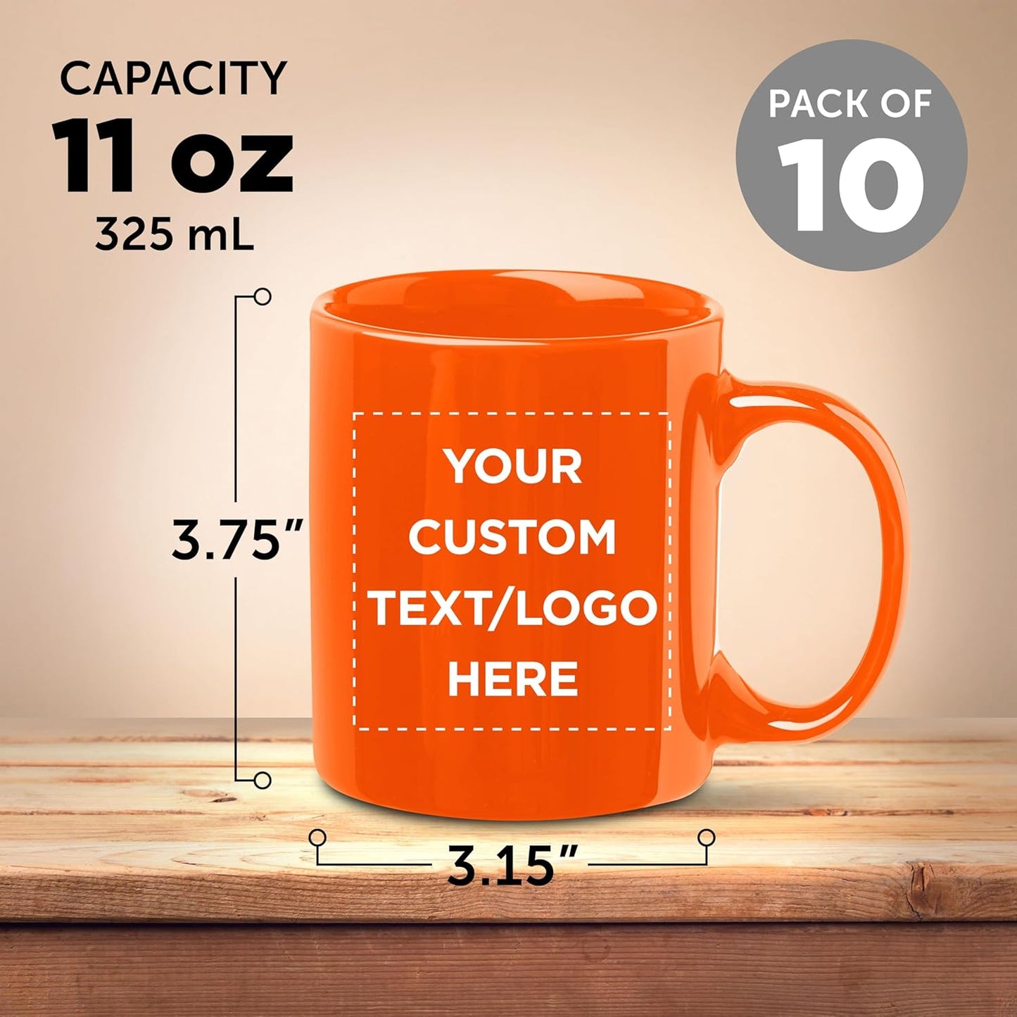 Custom Ceramic Coffee Mugs 11 oz. Set of 10, Personalized Bulk Pack - Coffee cup set, Iced coffee cup, Gaming mug - Princeton Orange