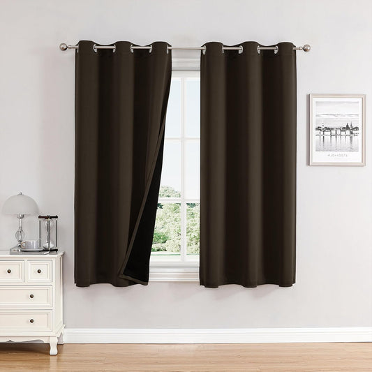 ChrisDowa 100% Blackout Curtains 63 inch Long for Bedroom with Black Liner, 2 Thick Layers Total Blackout Thermal Insulated Grommet Window Curtains 2 Panels Set (Brown, 38 x 63 Inch)