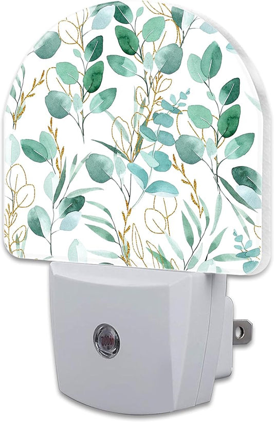 Green and Gold Eucalyptus Leaves Night Light Plug into Wall,Watercolor Botanical Leaves Dusk to Dawn Night Light,0.5w Energy Saving Sleep Friendly Nightlights for Kids Boys Girls Home Decor