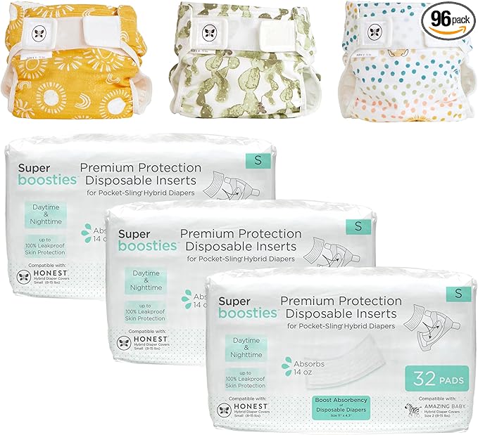 Super Boosties 96ct + Honest Hybrid Cloth Diaper Cover with Pocket-Sling, Small (8-15 lbs), Stops Nighttime Leaks, Boosties Disposable Diaper Inserts, Honest Cotton Muslin Covers, 3 Pack
