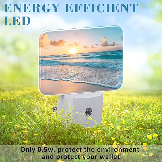 Sunrise Over Beach Plug in Night Lights, Beautiful Beach Nightlight Plug Into Wall Dusk to Dawn Sensor for Kid Girls Boys Women Men Bedroom, Hallway, Kitchen, Bathroom, Stairs Decor