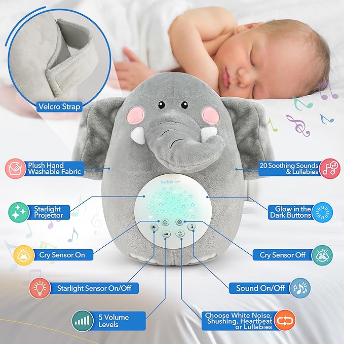 Bubzi Co Sound Machine, Portable Elephant Soother & Night Light Projector, Comforting Electronic Infant Toddler Sleep Aid & Baby Shush With White Noise